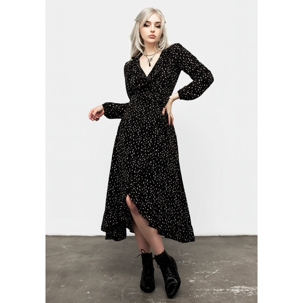 Disturbia Black Long Sleeve Midi Dress with White Dot Print